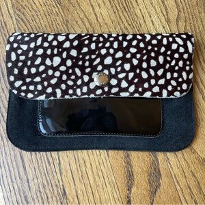 Prune Black Suede Leather Calf Hair Patent Leather Wristlet Clutch Bag 8” x 5”